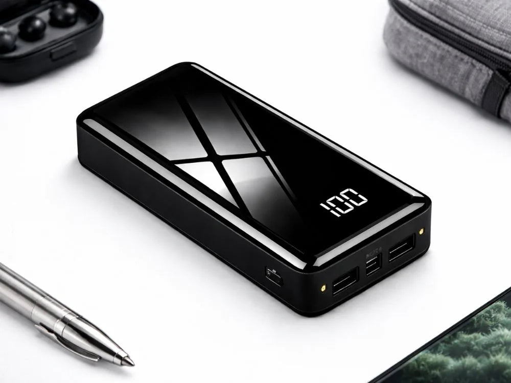 Powerbank 20000 mAh mit 4 USB-Ausgängen – Externer Akku 5V 2,1A mit 2 LED-Taschenlampen