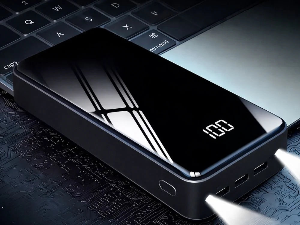 Powerbank 20000 mAh mit 4 USB-Ausgängen – Externer Akku 5V 2,1A mit 2 LED-Taschenlampen