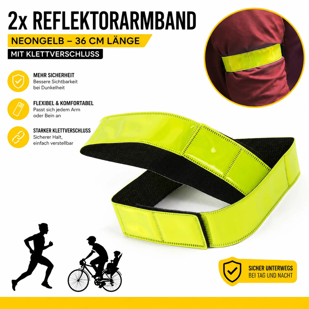 2x Reflektorband Leuchtarmband Reflexband Reflektierendes Band Joggen Fahrrad
