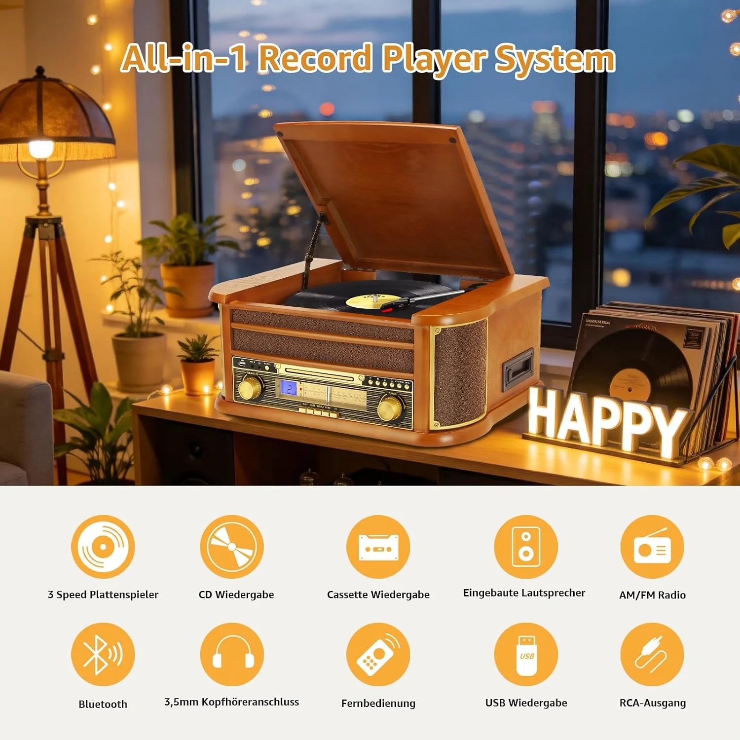 Nostalgie Holz Musikanlage – Retro Stereoanlage mit Plattenspieler, CD-Player, USB, Radio & Bluetooth