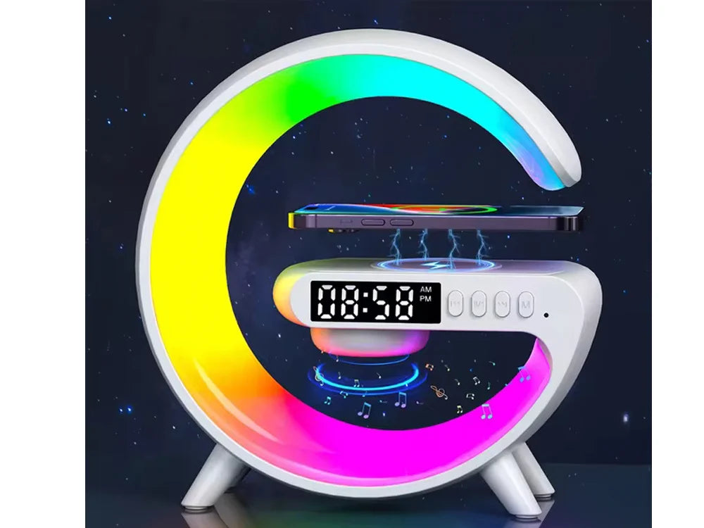 RGB LED Gaming Lampe mit Wecker, Lautsprecher, induktiver Ladefläche und Radio – USB