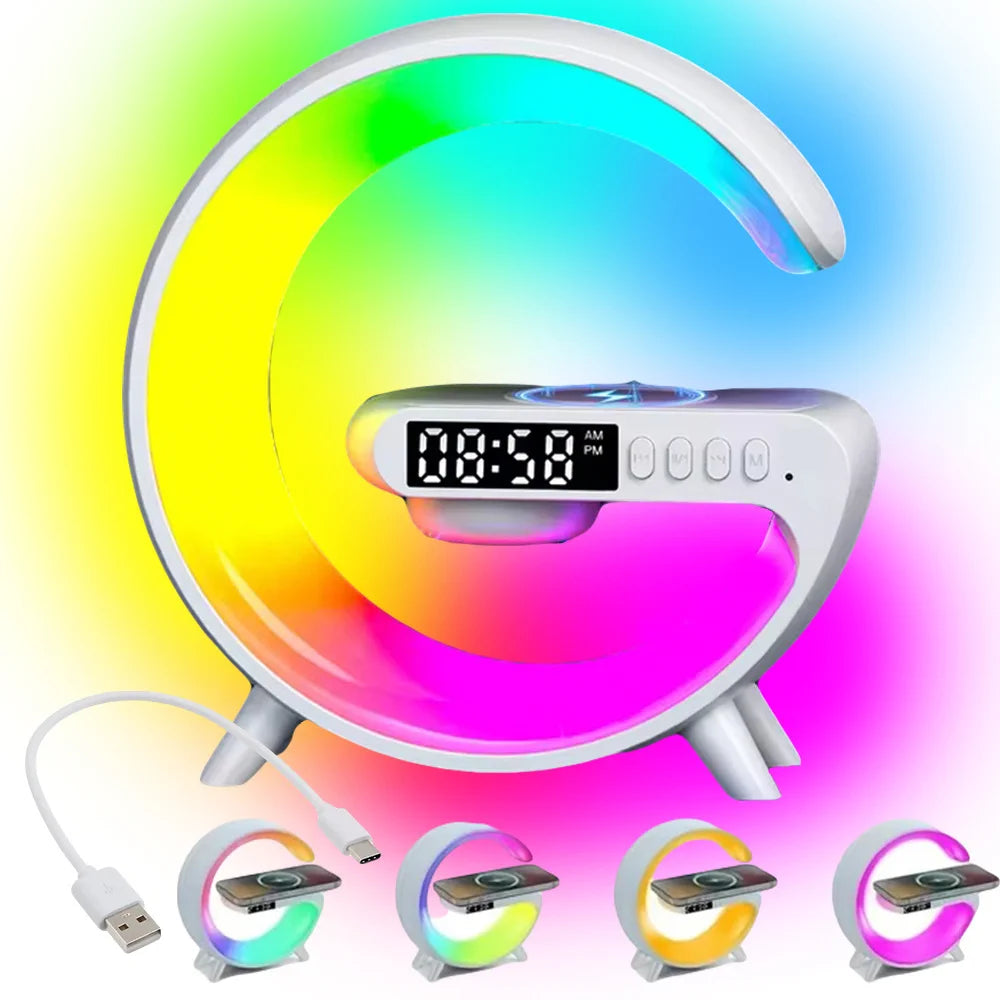 RGB LED Gaming Lampe mit Wecker, Lautsprecher, induktiver Ladefläche und Radio – USB