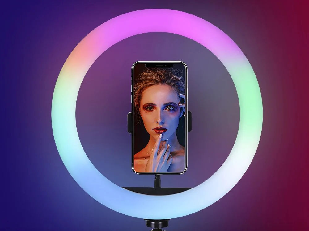 RGB LED Ringlicht 30 cm mit Handyhalterung & Stativ – USB Selfie Licht für Video, Foto, Streaming und Make-up