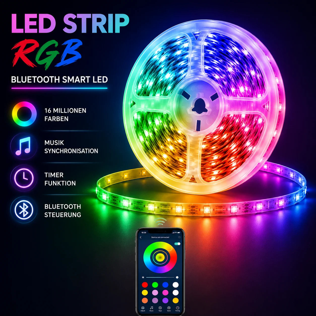 RGB LED Strip 15 m LED Lichtband APP Fernbedienung Musikmodus Timer 450 LEDs