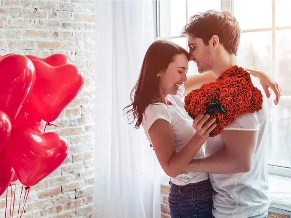 Rosenbär 24 cm mit Herz & Geschenkbox romantisches Geschenk aus Rosen Teddy
