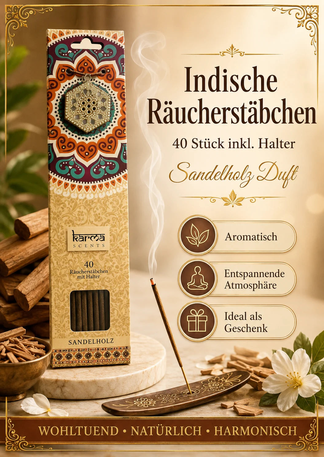Räucherstäbchen Indische 40 Stück inkl. Halter – verschiedene Düfte (Karma Scent