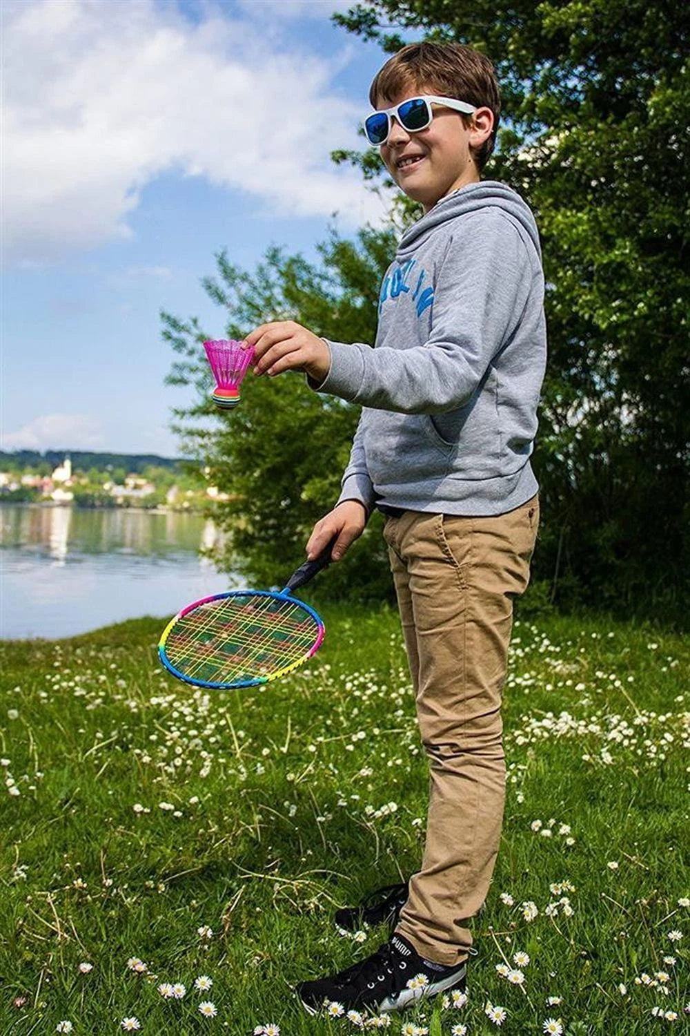 Schildkröt Kinder Federball Set Junior – 2 kurze Schläger & 2 Federbälle für draußen