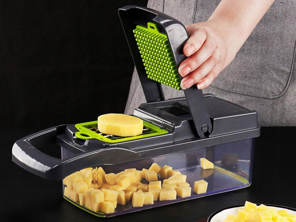 Gemüseschneider Multifunktion mit 6 Klingen und Auffangbehälter – Reibe, Obstschneider, Küchenhobel für Gemüse, Obst, Käse und Eier