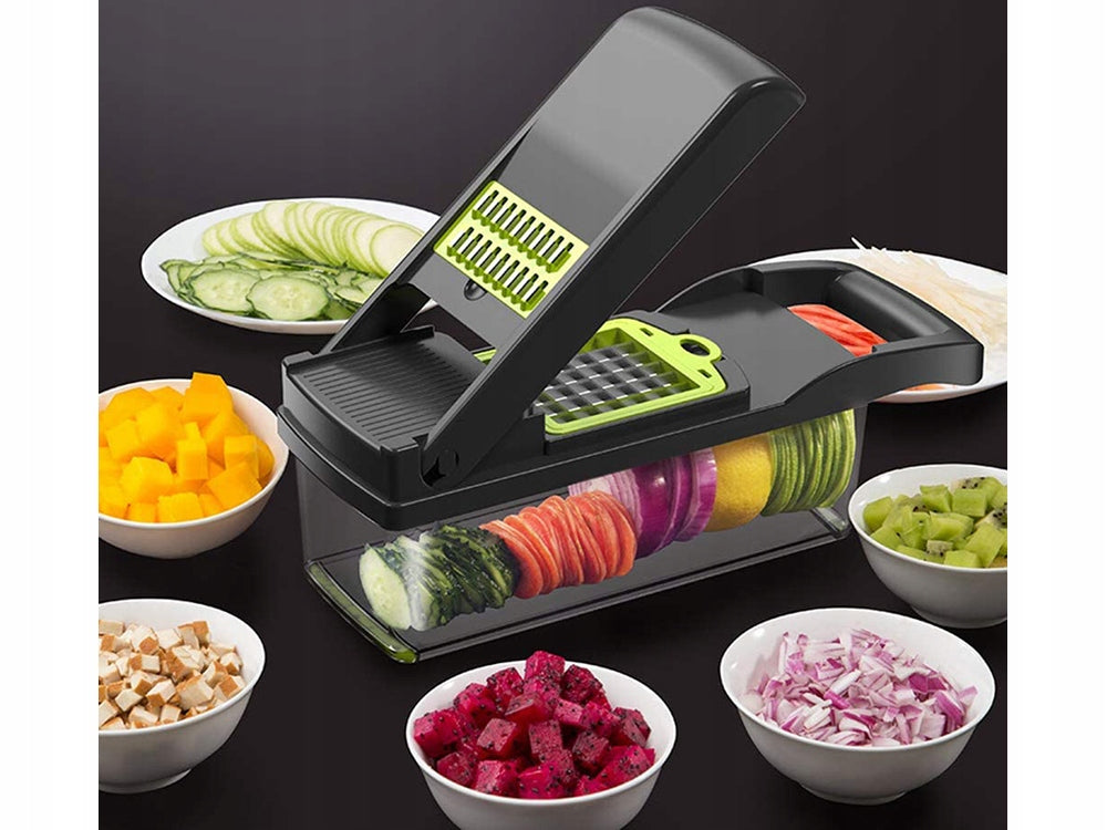 Gemüseschneider Multifunktion mit 6 Klingen und Auffangbehälter – Reibe, Obstschneider, Küchenhobel für Gemüse, Obst, Käse und Eier