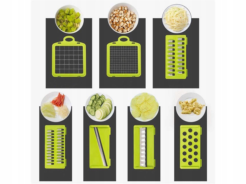 Gemüseschneider Multifunktion mit 6 Klingen und Auffangbehälter – Reibe, Obstschneider, Küchenhobel für Gemüse, Obst, Käse und Eier