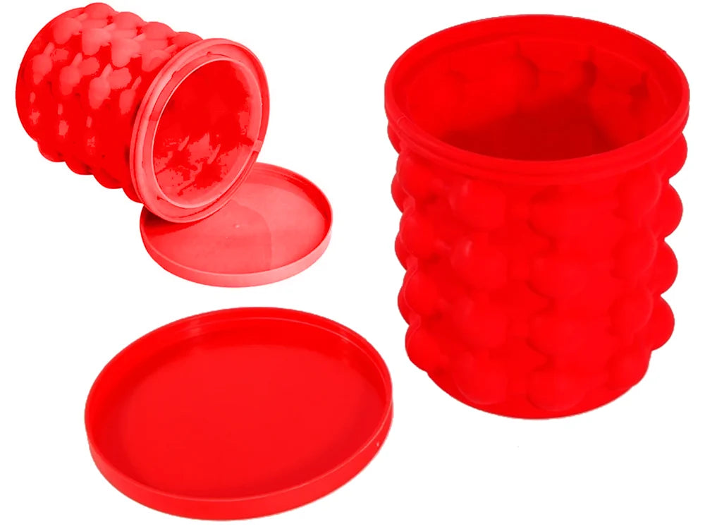 Silikon Eiswürfelform mit Behälter – Eiseimer für bis zu 32 Eiswürfel mit Deckel, Rot