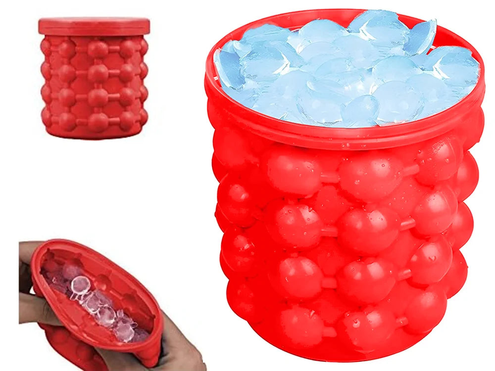 Silikon Eiswürfelform mit Behälter – Eiseimer für bis zu 32 Eiswürfel mit Deckel, Rot
