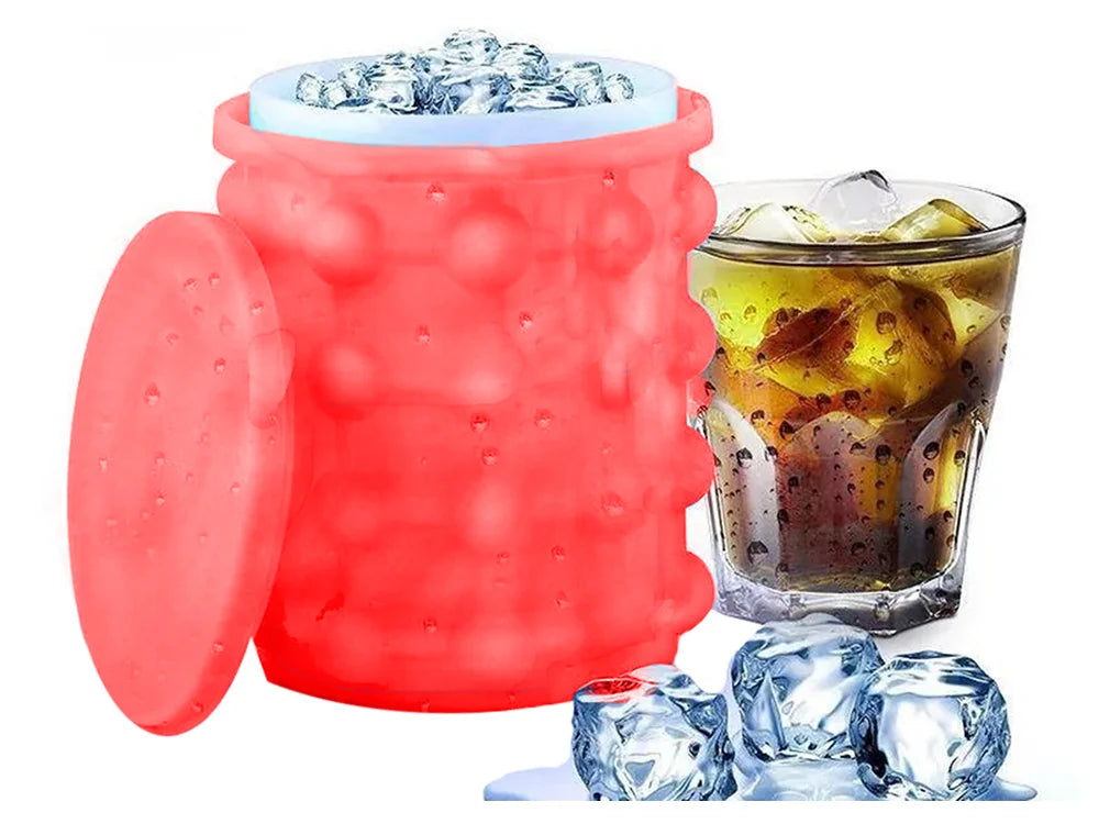 Silikon Eiswürfelform mit Behälter – Eiseimer für bis zu 32 Eiswürfel mit Deckel, Rot