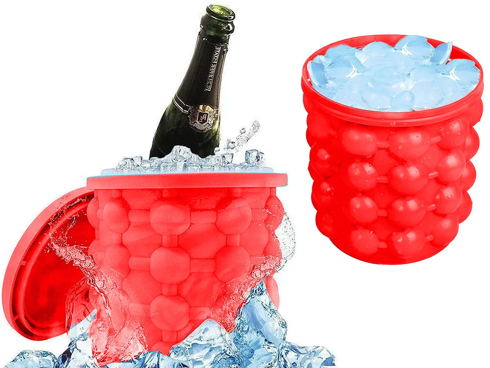 Silikon Eiswürfelform mit Behälter – Eiseimer für bis zu 32 Eiswürfel mit Deckel, Rot