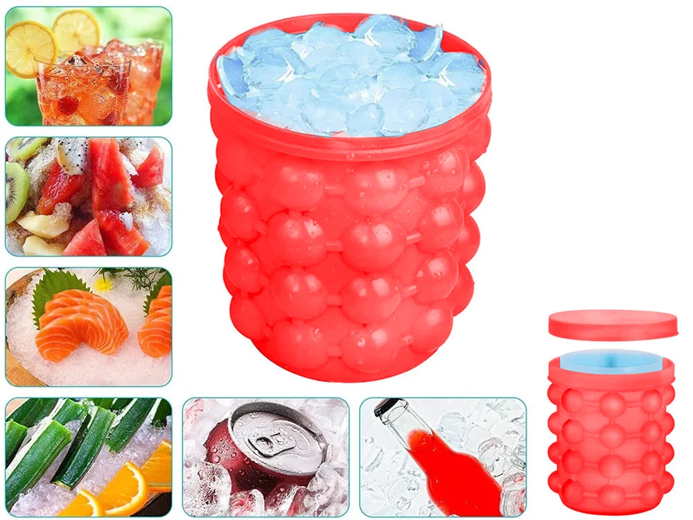 Silikon Eiswürfelform mit Behälter – Eiseimer für bis zu 32 Eiswürfel mit Deckel, Rot