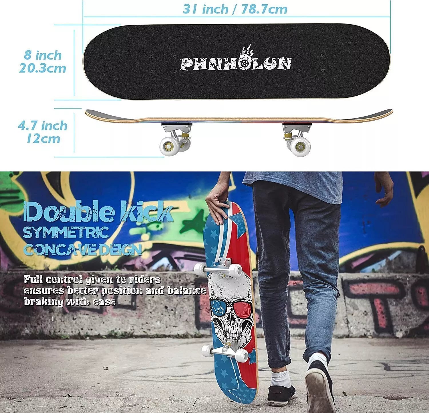PHNHOLUN Skateboards for Beginners, 31 x 8 Inch Complete Skateboard with ABEC-7 