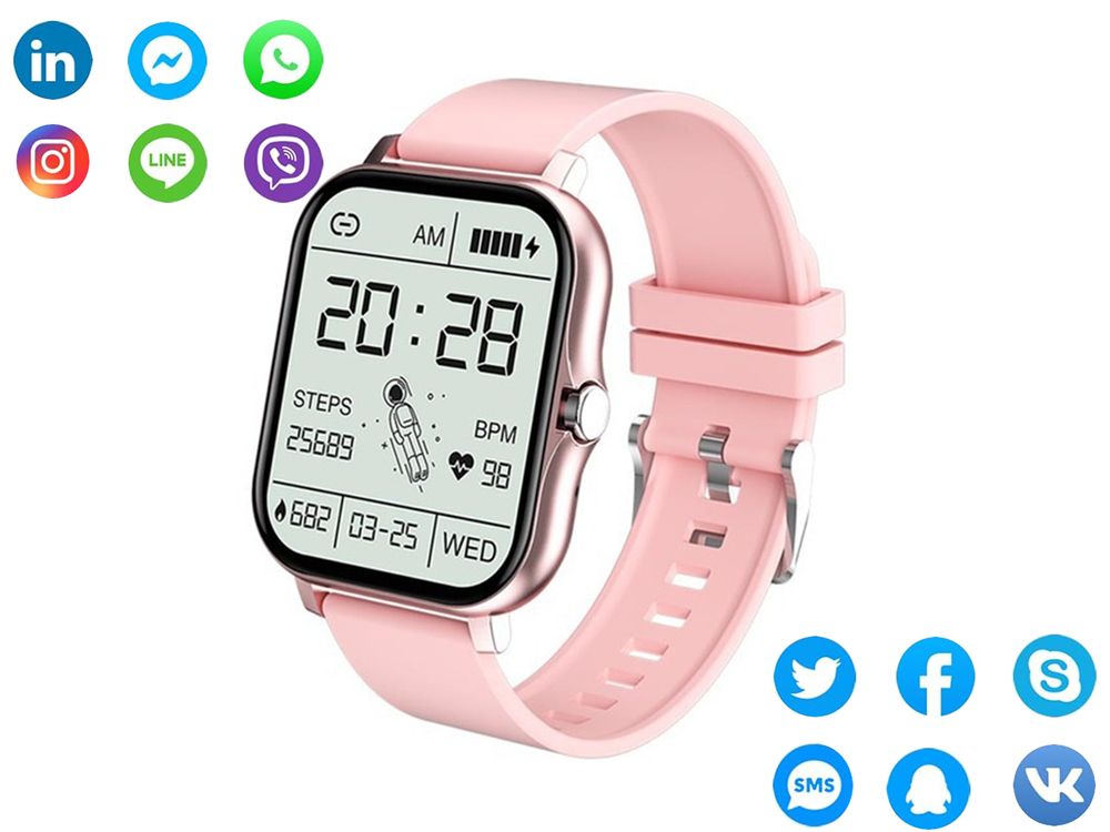 Smartwatch mit Bluetooth & Telefonfunktion – Sportuhr für Damen & Herren, Rosa Silikonarmband