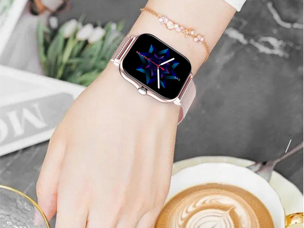 Smartwatch mit Bluetooth & Telefonfunktion – Sportuhr für Damen & Herren, Rosa Silikonarmband