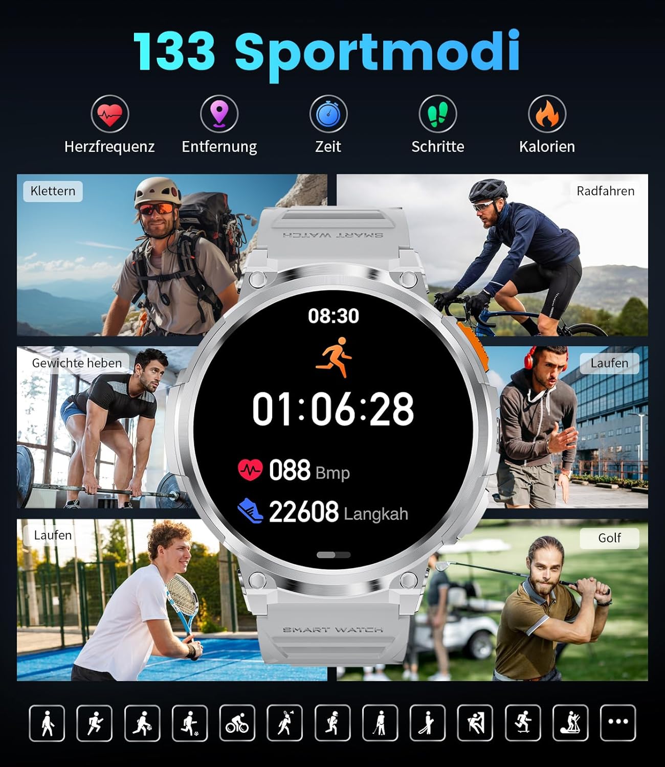 Smartwatch Men with Phone Function, 1.96'' DIY HD Outdoor Smartwatch Military, 120+ Sport Mode IP68 Waterproof Fitness Watch Men with Blood Pressure Measurement Android Ios, Leather