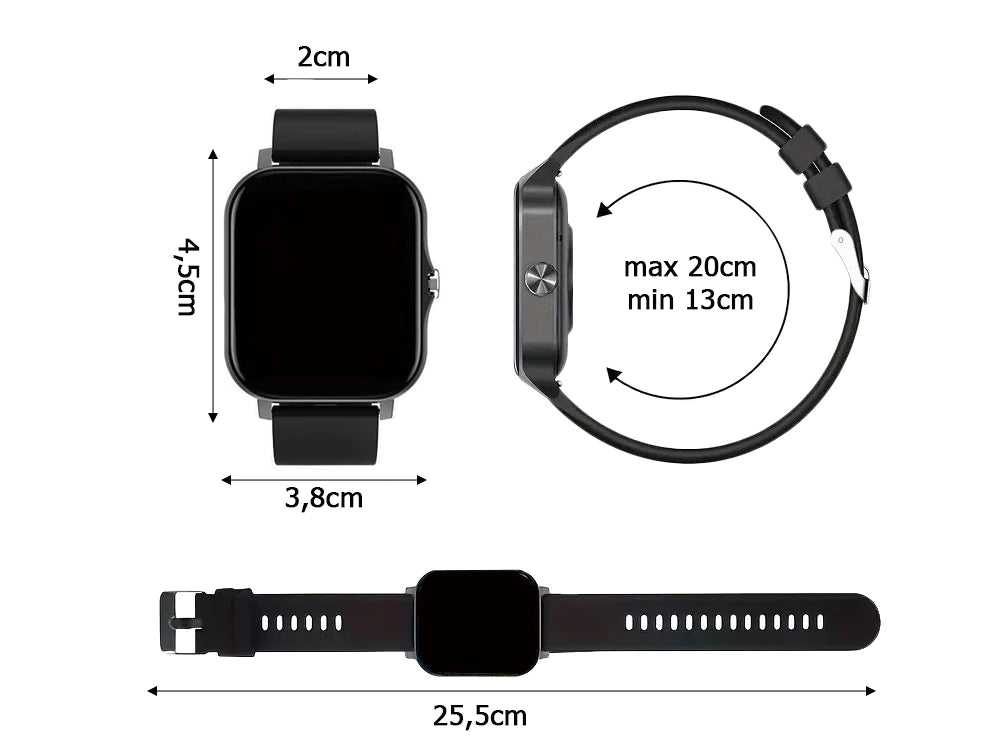 Smartwatch mit Bluetooth & Fitness-Tracking – Sportuhr mit Gummiarmband, Schwarz