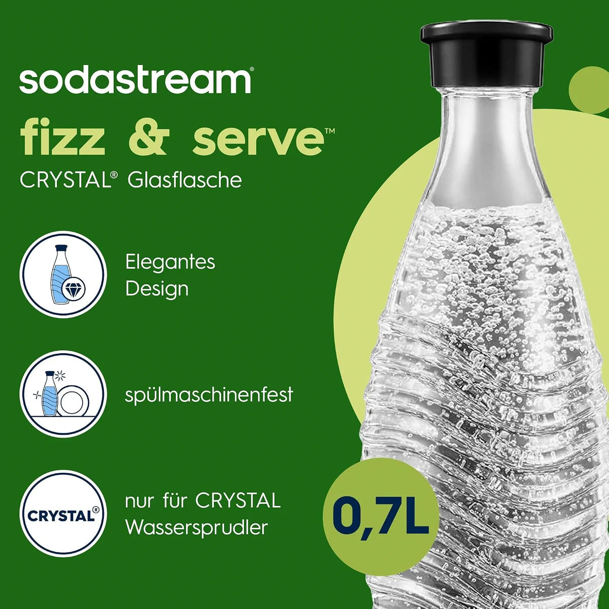 SodaStream CRYSTAL Glaskaraffe 2er-Pack – 0,7L Glasflaschen mit Schraubverschluss, spülmaschinenfest