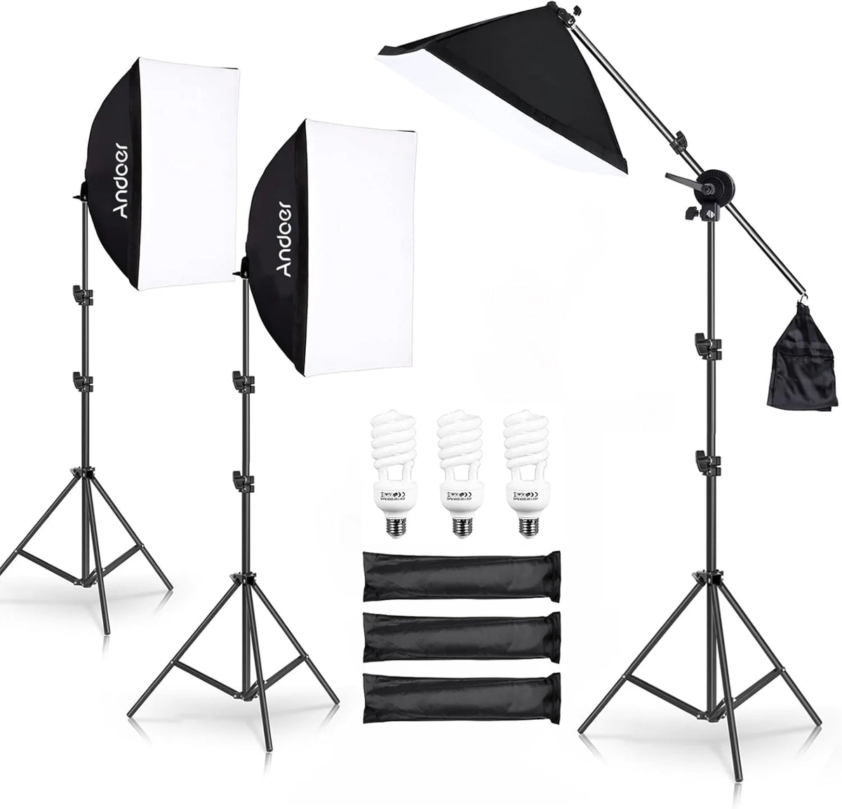 Fotostudio Set mit 3 Softboxen, 3x 65W Tageslichtlampen, Stativen, Galgenstativ und Tragetasche