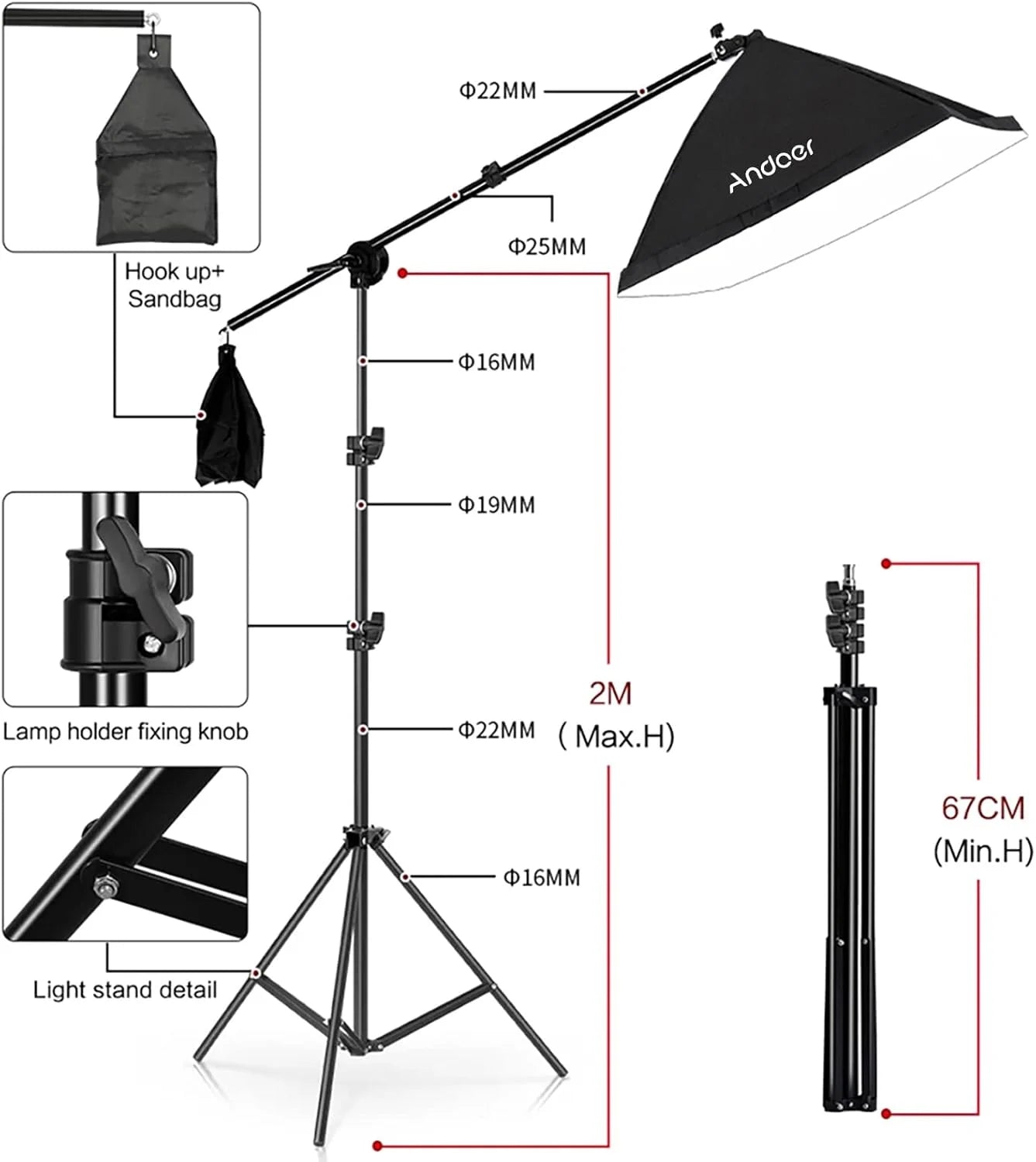 Fotostudio Set mit 3 Softboxen, 3x 65W Tageslichtlampen, Stativen, Galgenstativ und Tragetasche
