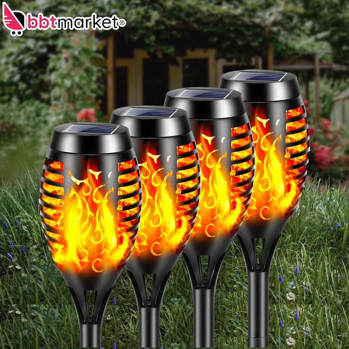Solar Fackeln 4er Set – LED Gartenleuchten mit Flammeneffekt Außen IP6