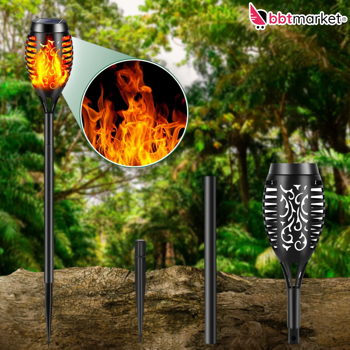 Lunartec Solar Fackel 4er-Set – LED-Gartenfackeln Mit Flammeneffekt, 58 Cm, IP44 Spritzwassergeschützt, Mit Akku Und