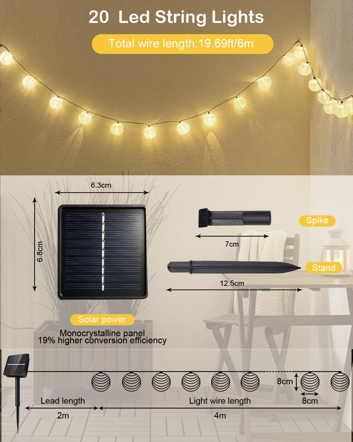 Solar Lichterkette Lampions 6M 20 LED Warmweiß IP65 für Garten Balkon Terrasse