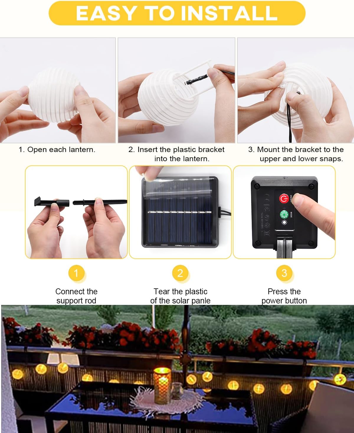 Solar Lichterkette Lampions 6M 20 LED Warmweiß IP65 für Garten Balkon Terrasse