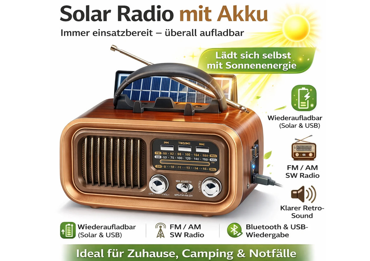 Solar Notfall Radio mit Bluetooth – AM/FM, Akku, Batterie & USB, Tragbar