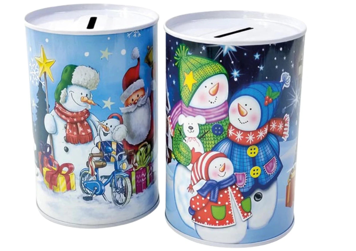 Weihnachts Spardose aus Metall 12,5 x 8 cm – Kinder Geldbüchse mit Schneemann & Wintermotiv, Sparbüchse als Geschenk