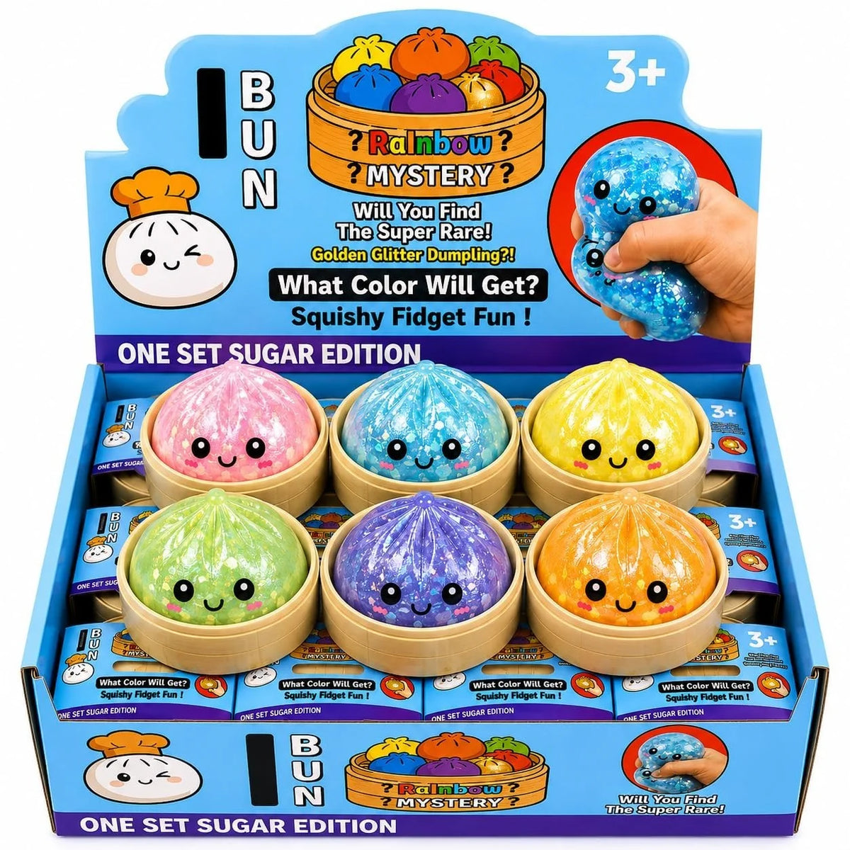 Dumpling Squishy Mystery Fidget Toy – Slow Rising TPR Kawaii Spielzeug im Dampfkorb mit Überraschungsfarbe 9,5cm