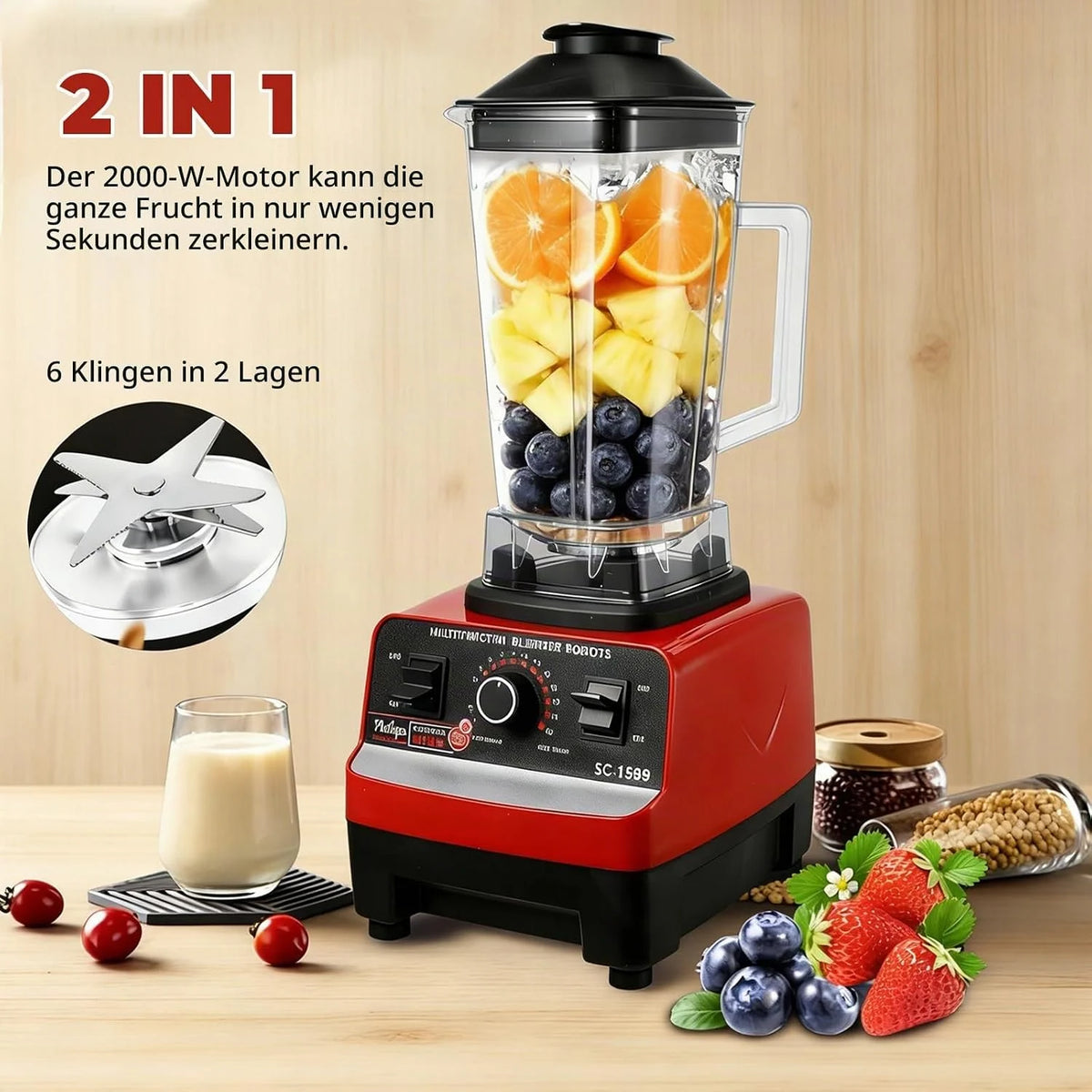 Standmixer 2000 W mit 2-Liter BPA-freiem Behälter – Hochleistungsmixer für Smoothies, Eis & Säfte