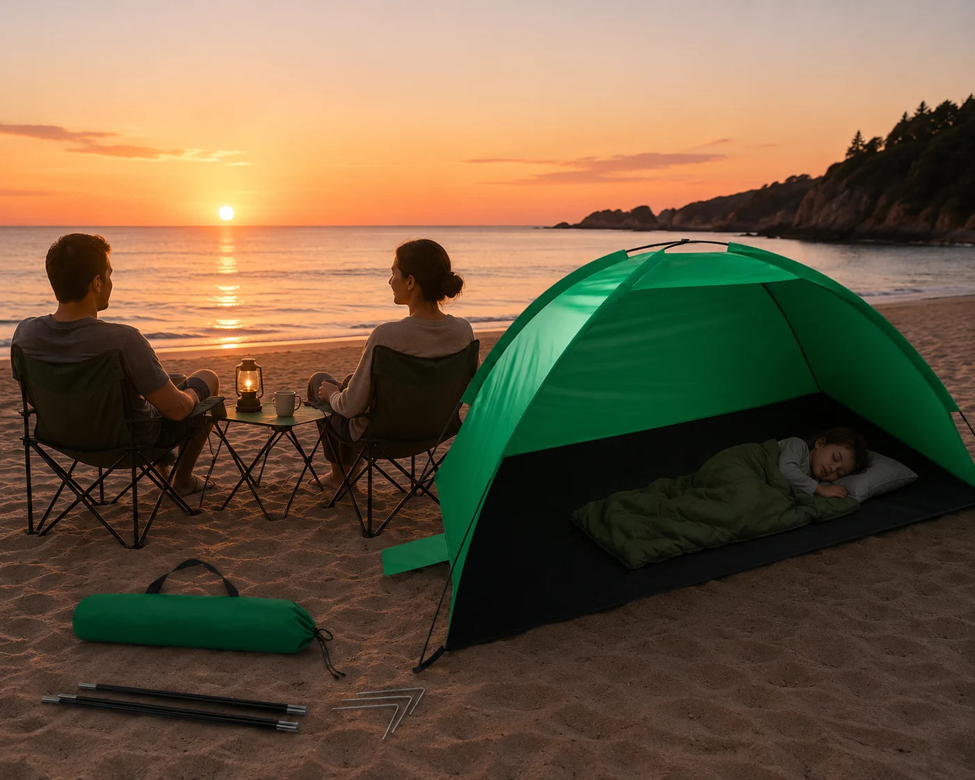 Strandzelt UV-Schutz Pop Up Strandmuschel Halboffen Garten Camping Grü