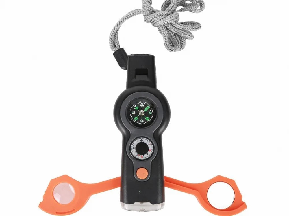 Survival Pfeife 6in1 mit Kompass, Taschenlampe, Thermometer, Lupe & Spiegel – Outdoor Multifunktionswerkzeug