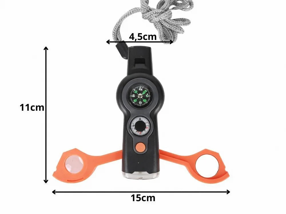 Survival Pfeife 6in1 mit Kompass, Taschenlampe, Thermometer, Lupe & Spiegel – Outdoor Multifunktionswerkzeug