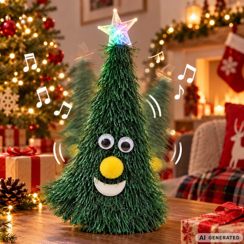 Tanzender Weihnachtsbaum 17 cm mit Musik & Licht – Jingle Bells Weihnachtsdeko mit leuchtendem Stern