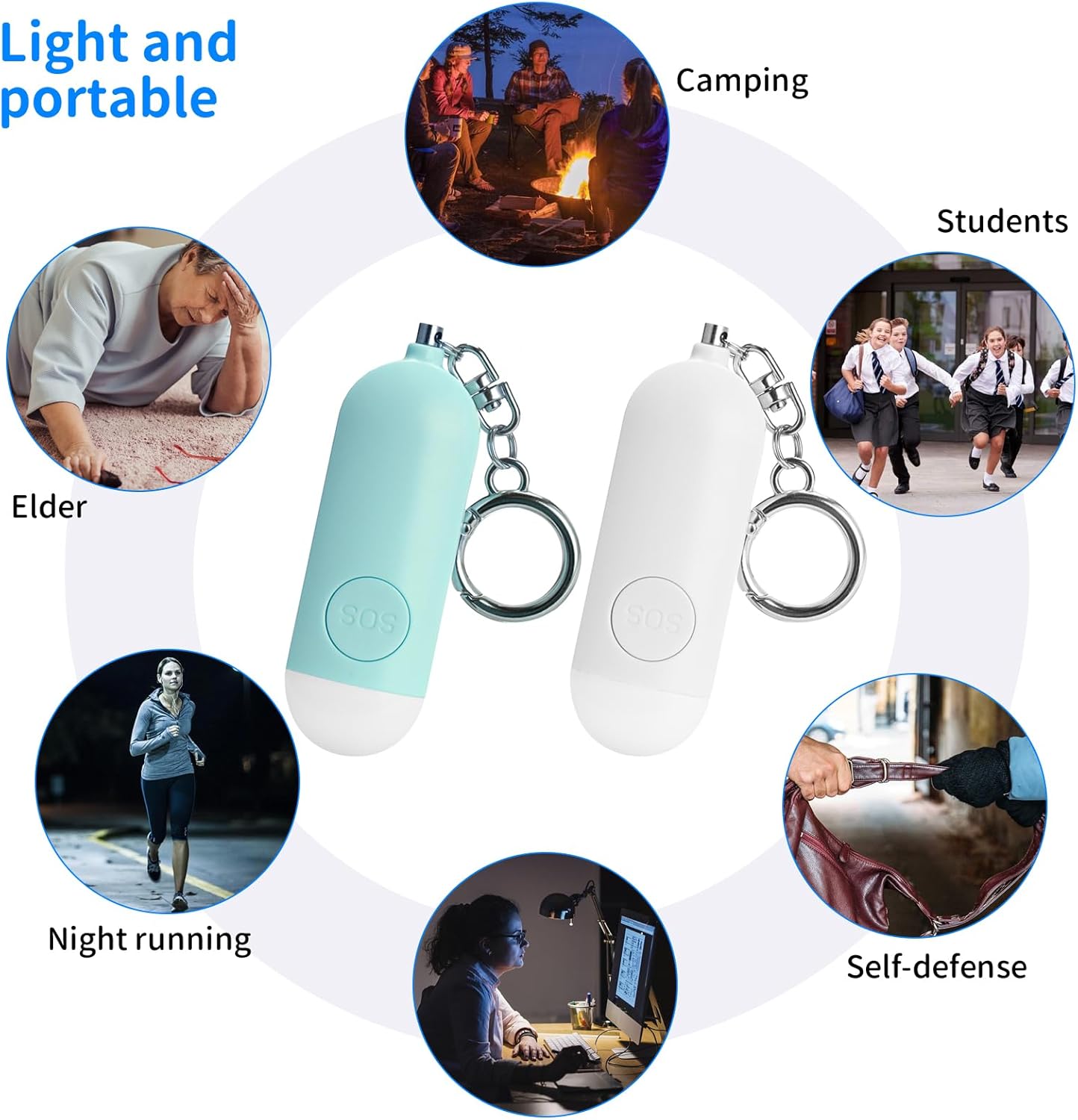 Wiederaufladbarer Taschenalarm 130 dB mit LED Licht – Persönlicher Notfallalarm mit USB-C – Weiß oder Grün