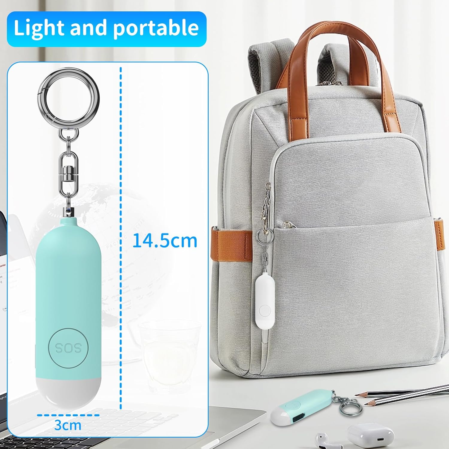 Wiederaufladbarer Taschenalarm 130 dB mit LED Licht – Persönlicher Notfallalarm mit USB-C – Weiß oder Grün