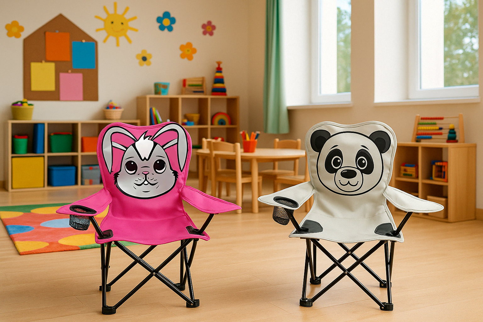 Kinder Campingstuhl Tiere – Faltbarer Klappstuhl mit Tiermotiv, Getränkehalter & Tragetasche für Garten, Camping & Picknick