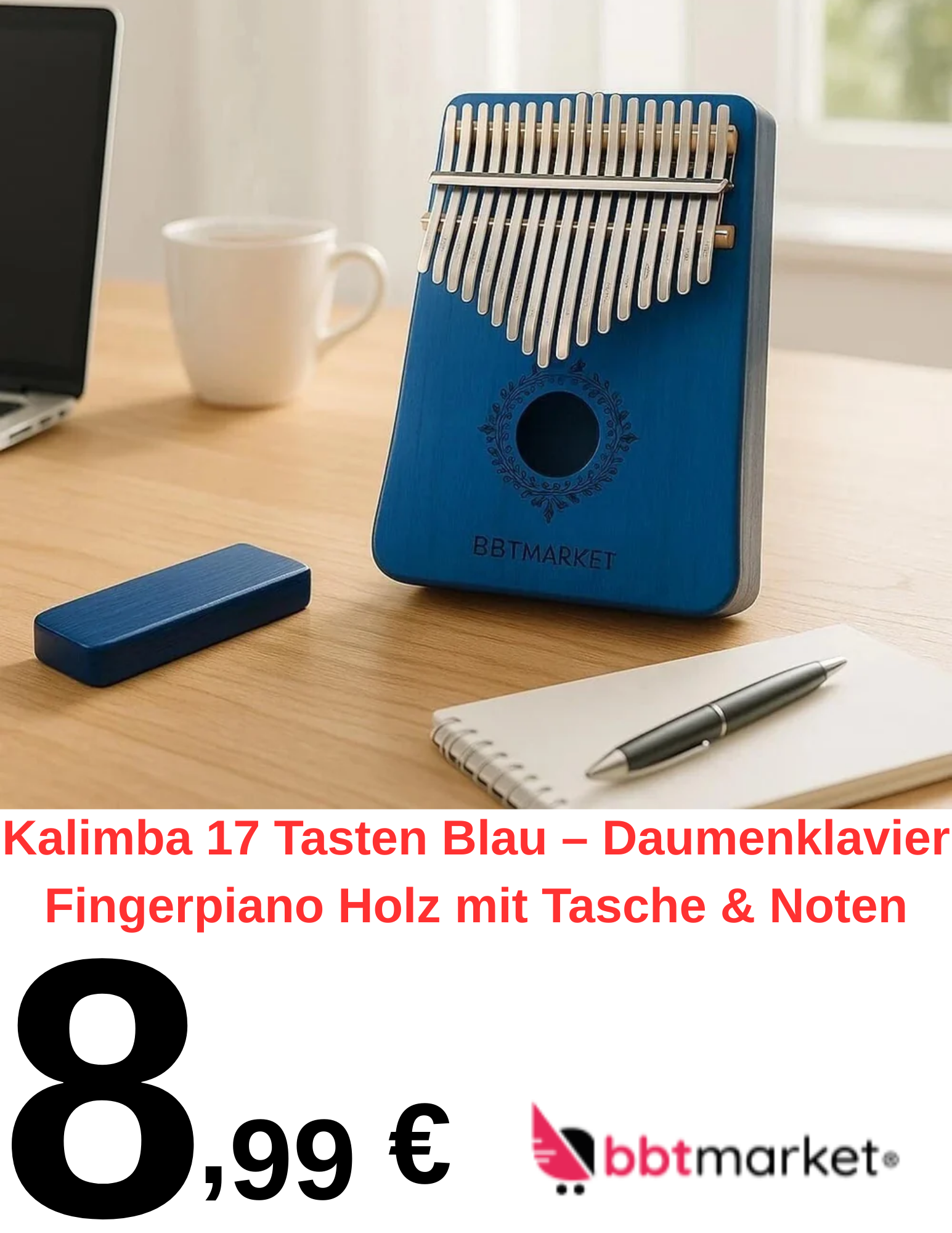 Kalimba 17 Tasten Blau – Daumenklavier Fingerpiano Holz mit Tasche & Noten