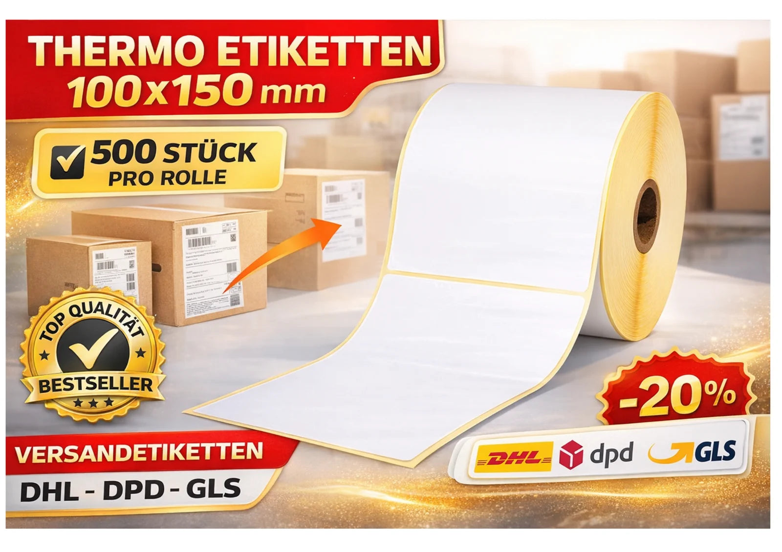 Thermo Etiketten 100x150mm 500 Stück Rolle Versand DHL DPD GLS