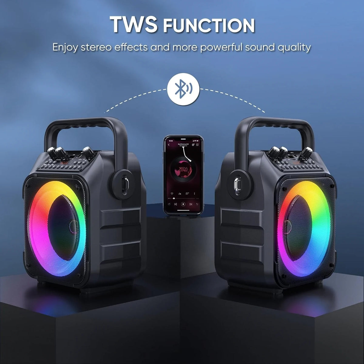 Tragbare Karaoke Maschine mit 2 Kabellosen Mikrofonen & LED – Bluetooth Lautsprecher schwarz