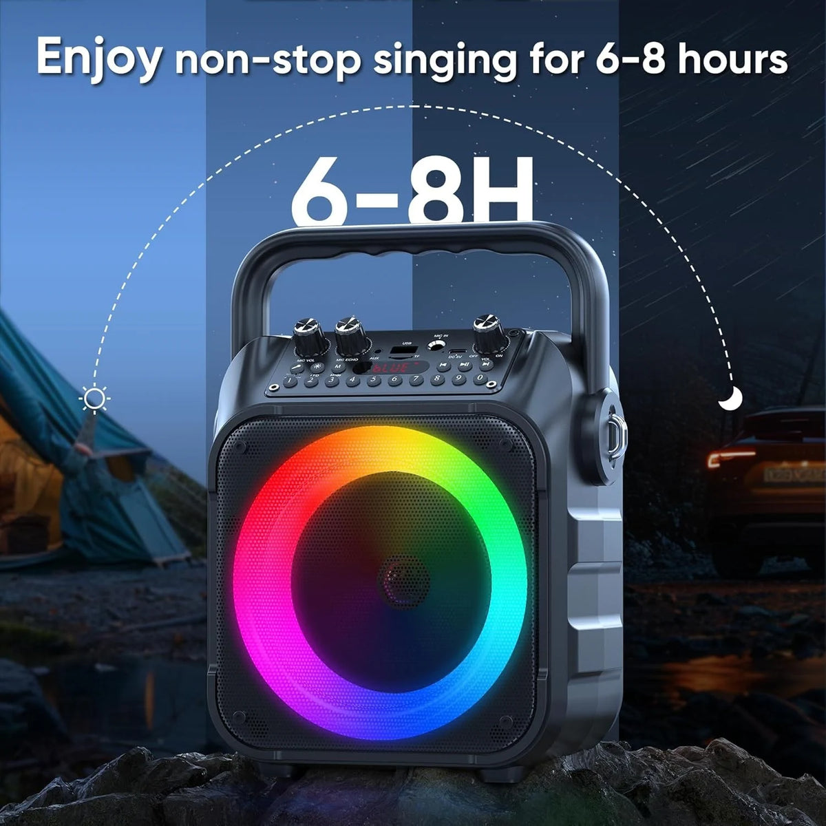 Tragbare Karaoke Maschine mit 2 Kabellosen Mikrofonen & LED – Bluetooth Lautsprecher schwarz