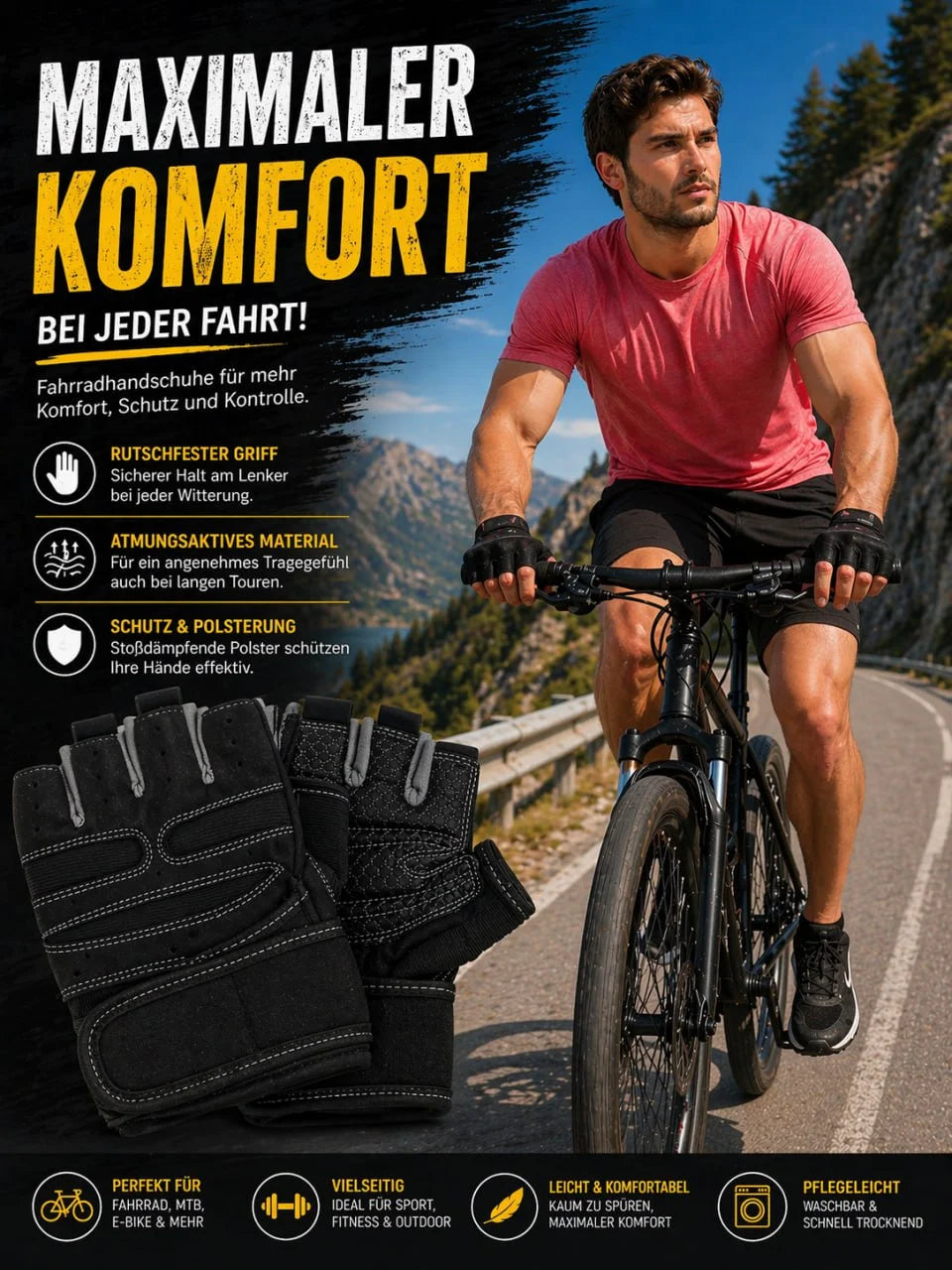 Fahrradhandschuhe XL für Herren – Gepolsterte Sporthandschuhe für Radfahren, MTB, Fitness & Training
