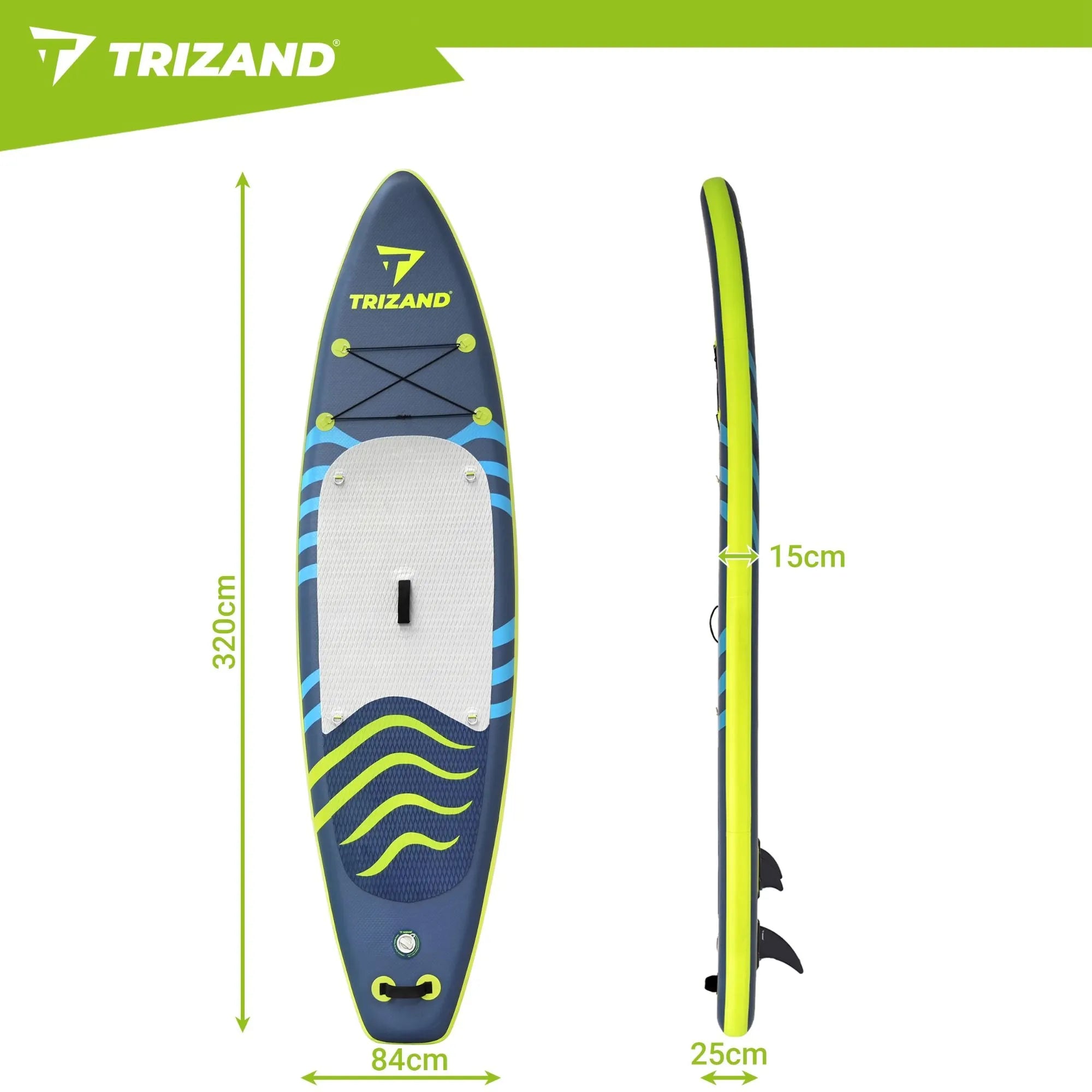 TRIZAND SUP Board 320 × 84 × 15 cm – Aufblasbares Stand Up Paddle Board bis 150 kg mit Paddel, Pumpe & Rucksack