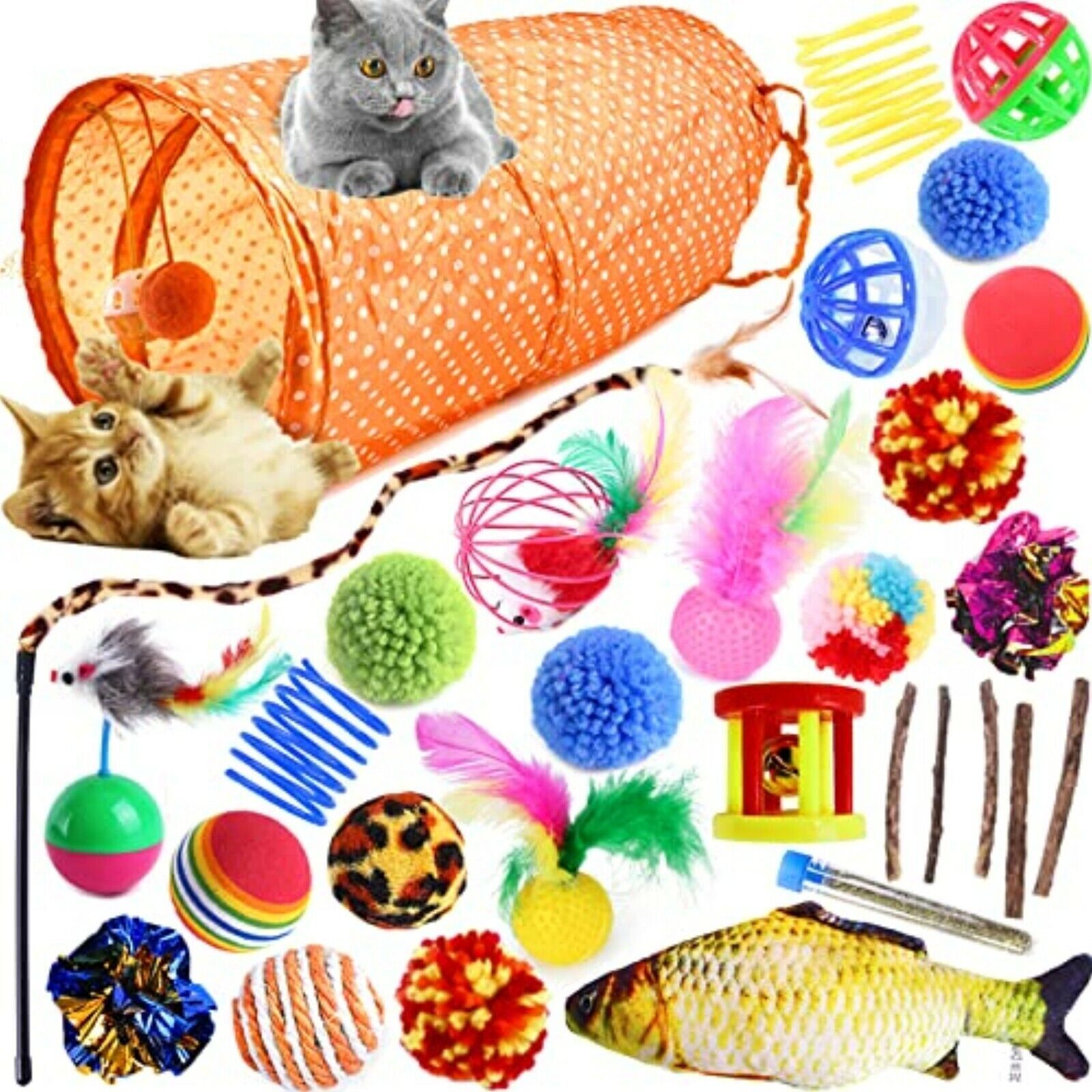 Cat Toys 16/21/27/30 Pieces Cat Toy Set with Cat Tunnel, Mice 