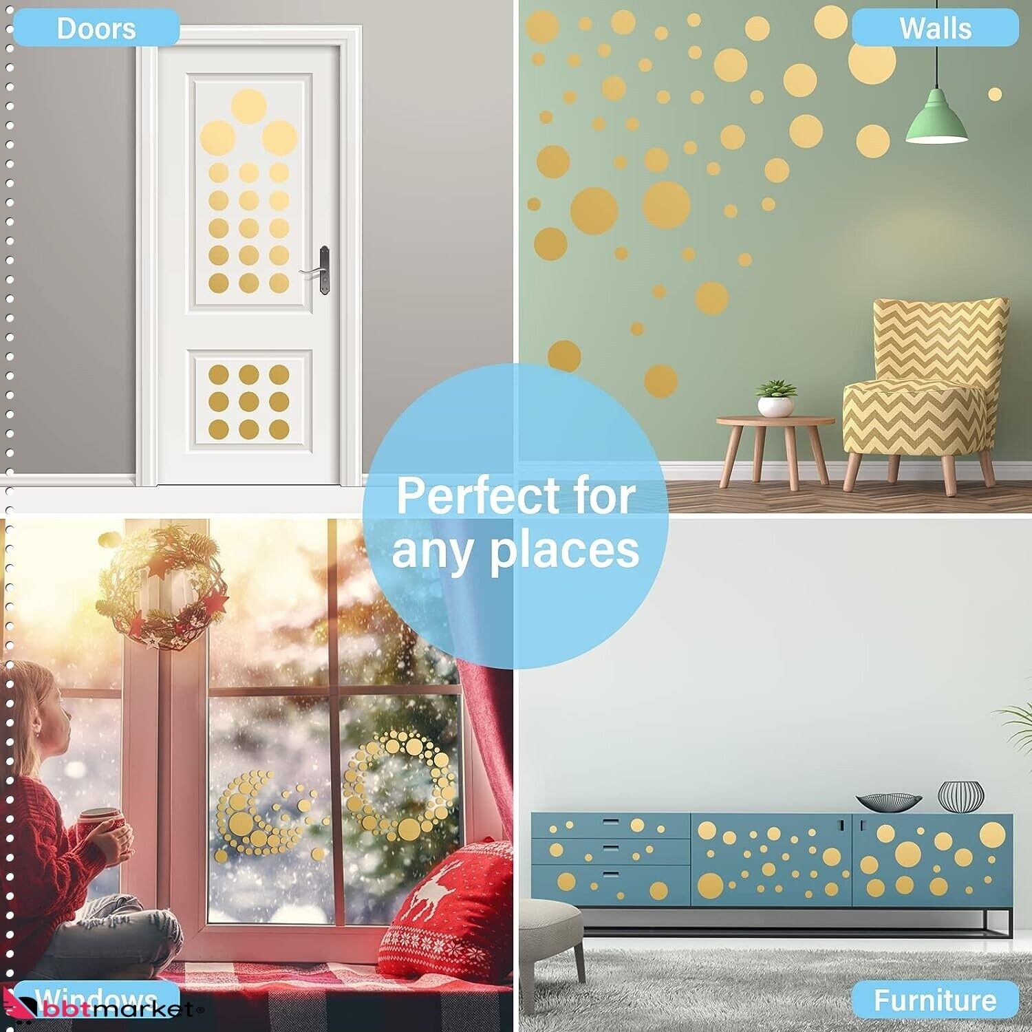 264 Stück Gold Punkte Wandaufkleber – PVC Wandtattoo Set in 4 Größen, Selbstklebende Dots für DIY Deko, Wände & Möbel